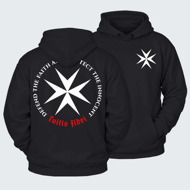 Plush Fleece-Lined Hoodie - Defend the Faith, Protect the Innocent Christian Knighti – Tuitio Fide - Black (front and back)