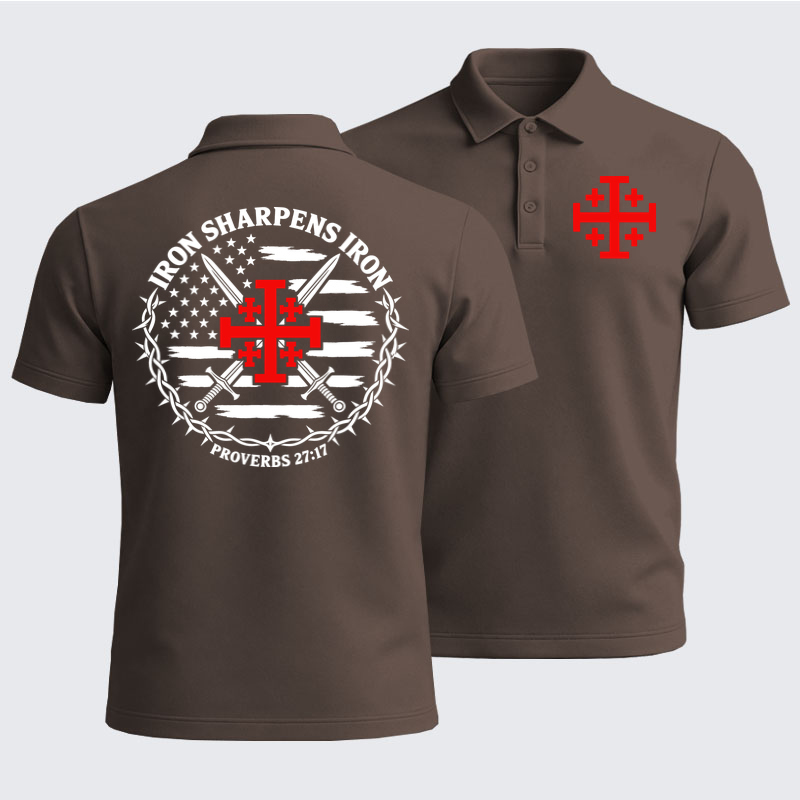 Men’s Premium Cotton Polo Shirt - Iron Sharpens Iron – Jerusalem Cross & American Flag - Coffee (front and back)