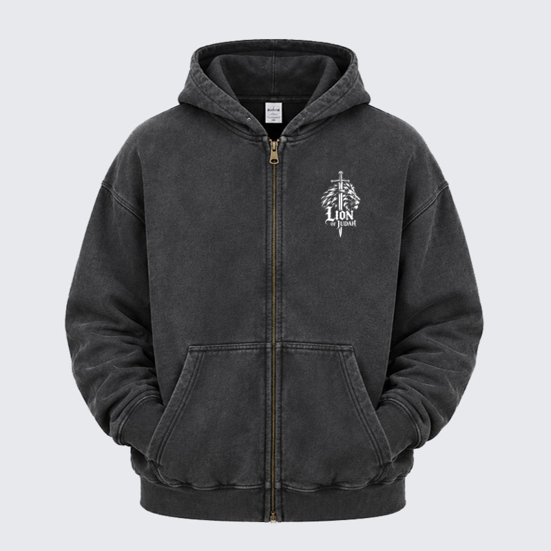 Washed Zip-Up Hoodie - Lion of Judah - Black