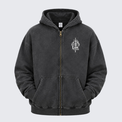 Washed Zip-Up Hoodie - Lion of Judah - Black (front)