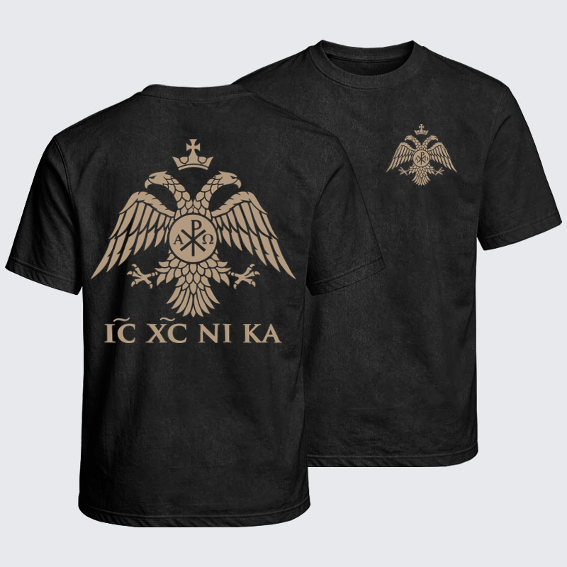 Washed T-Shirt - IC XC NIKA – Chi-Rho Double-Headed Eagle - Black (front and back)