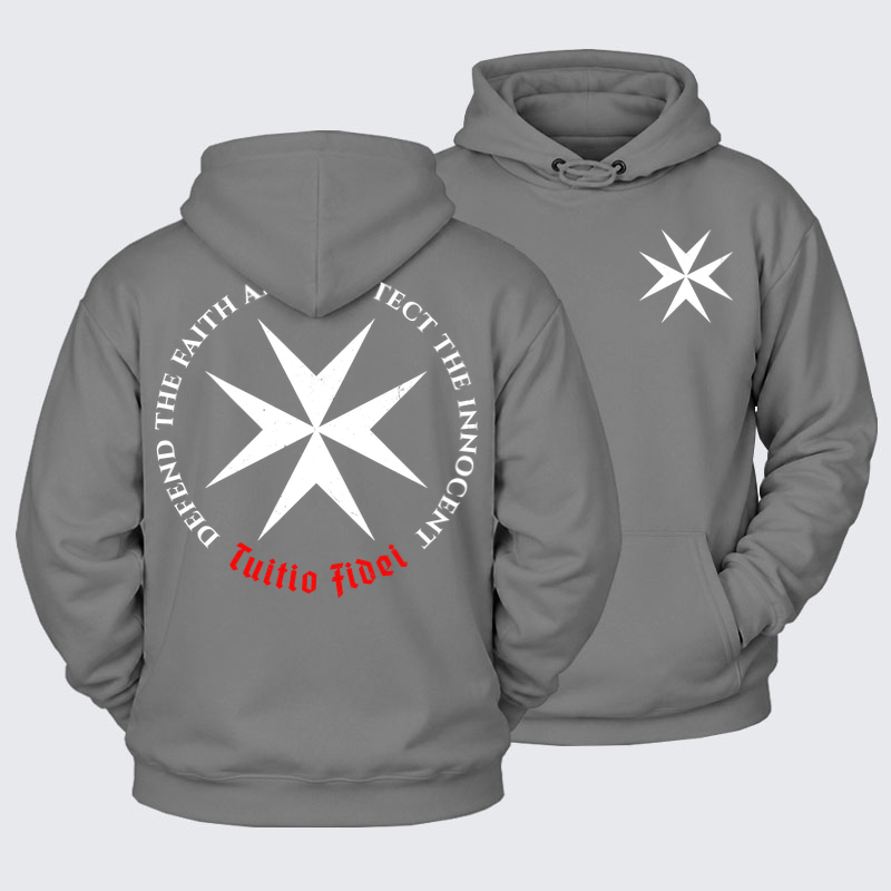 Plush Fleece-Lined Hoodie - Defend the Faith, Protect the Innocent Christian Knighti – Tuitio Fide - Ash Gray (front and back)
