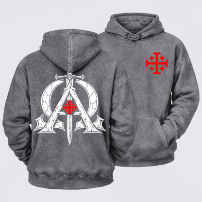 Washed Hoodie - Alpha & Omega – Revelation 22:13 Christian Warrior - Grey (front and back)