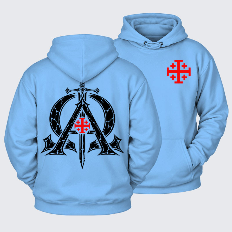Plush Fleece-Lined Hoodie - Alpha & Omega – Revelation 22:13 Christian Warrior - Blue (front and back)