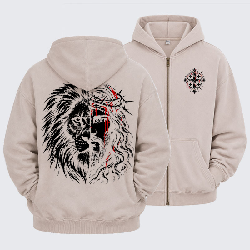 Washed Zip-Up Hoodie - Lion of Judah & Jesus – Crown of Thorns - Beige (front and back)