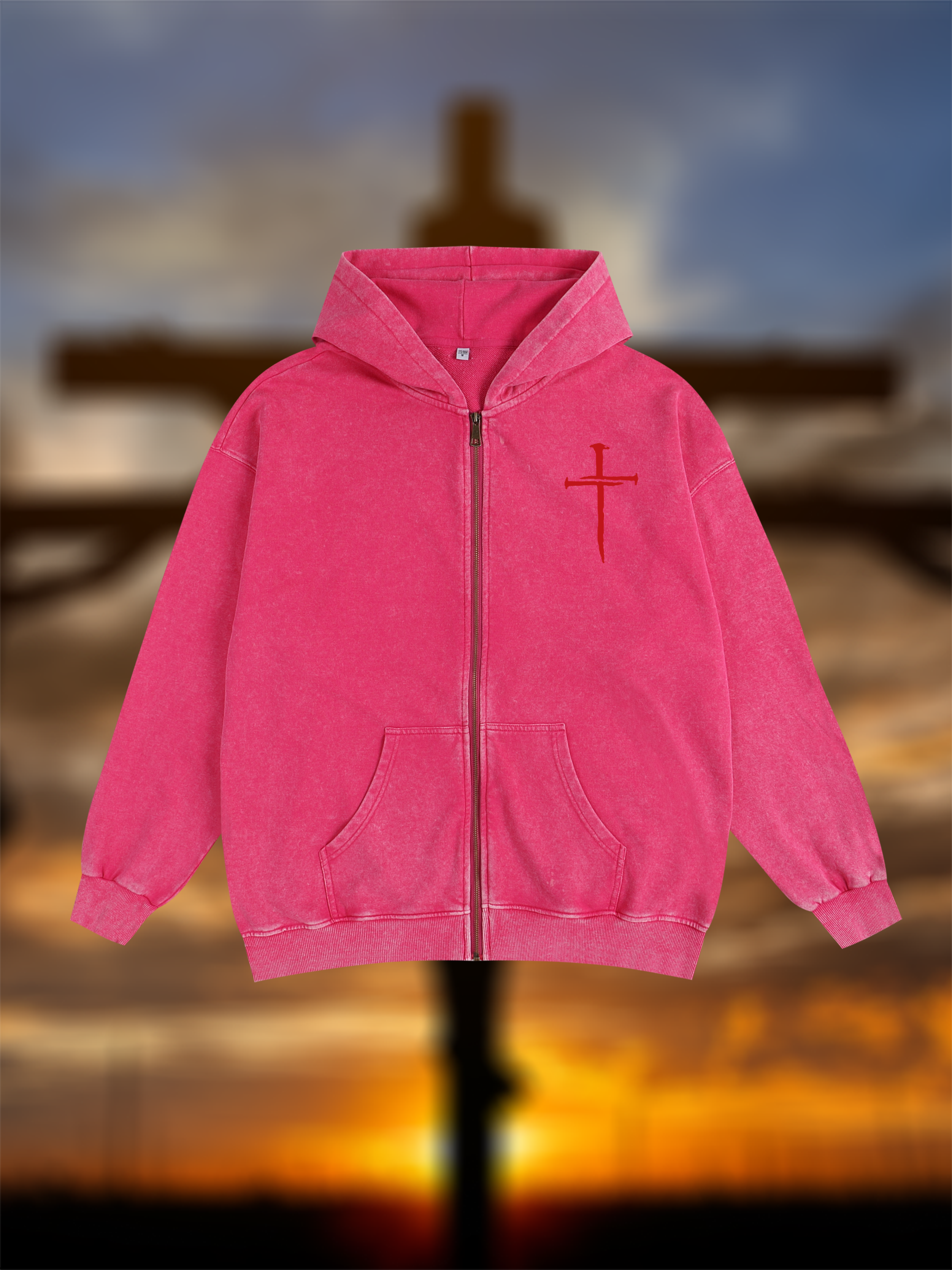 Red Cross  Jesus God Christian Washed Zip-Up Hoodie