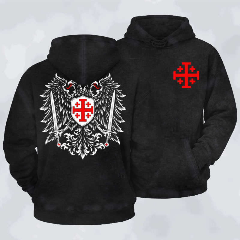Washed Hoodie - Jerusalem Cross – Christian Double-Headed Eagle Warrior - Black (front and back)