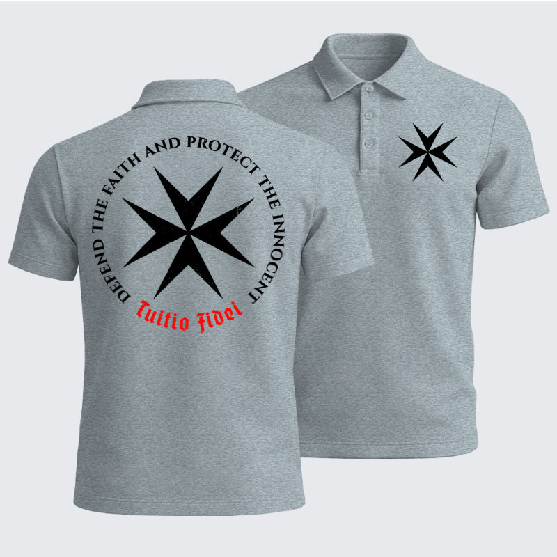 Men’s Premium Cotton Polo Shirt - Defend the Faith, Protect the Innocent Christian Knighti – Tuitio Fide - Light Gray (front and back)