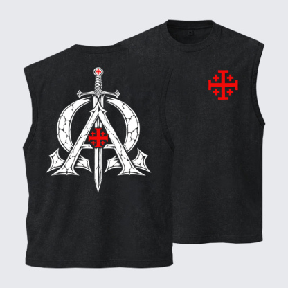 Washed Tank Top - Alpha & Omega – Revelation 22:13 Christian Warrior - Black (front and back)