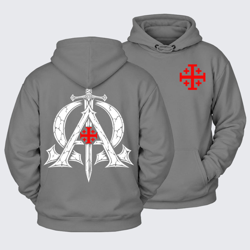 Plush Fleece-Lined Hoodie - Alpha & Omega – Revelation 22:13 Christian Warrior - Ash Gray (front and back)