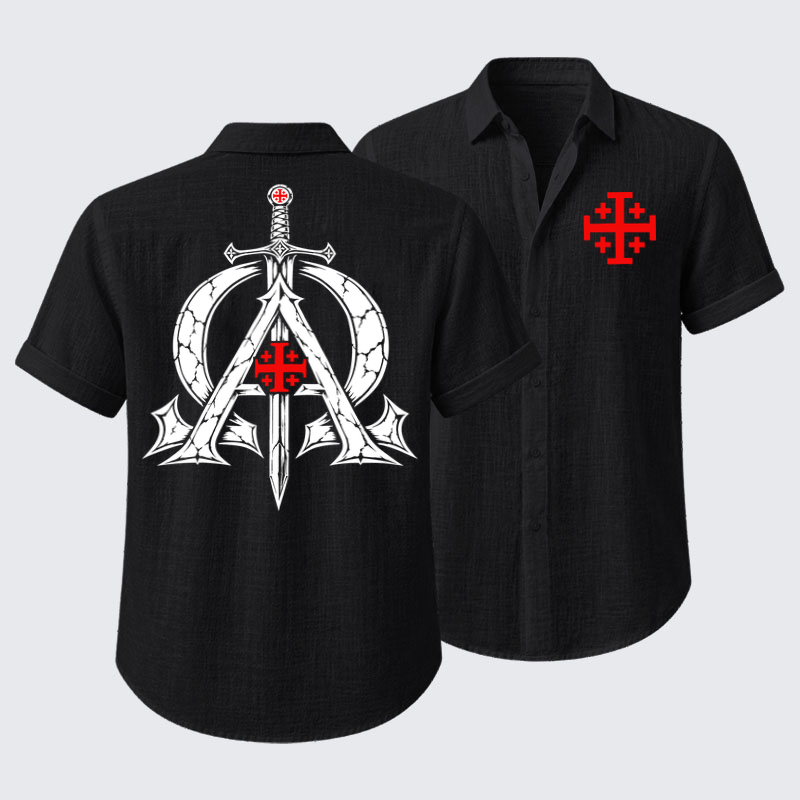 Short Sleeve Casual Shirt - Alpha & Omega – Revelation 22:13 Christian Warrior - Black (front and back)