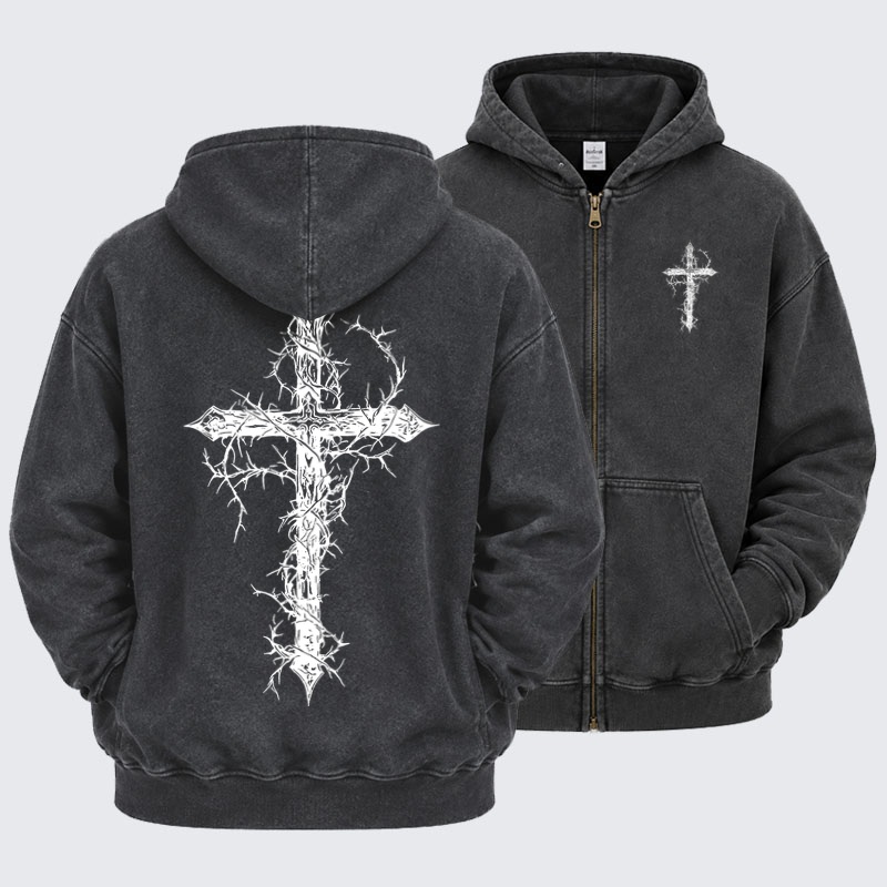 Washed Zip-Up Hoodie - Cross - Black (front and back)