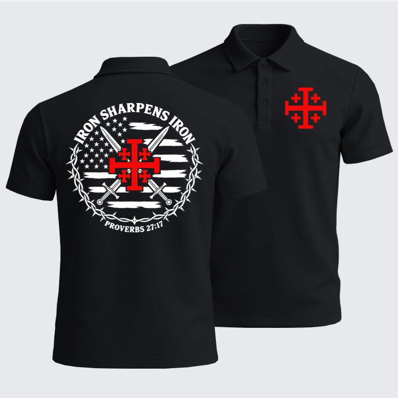 Men’s Premium Cotton Polo Shirt - Iron Sharpens Iron – Jerusalem Cross & American Flag - Black (front and back)