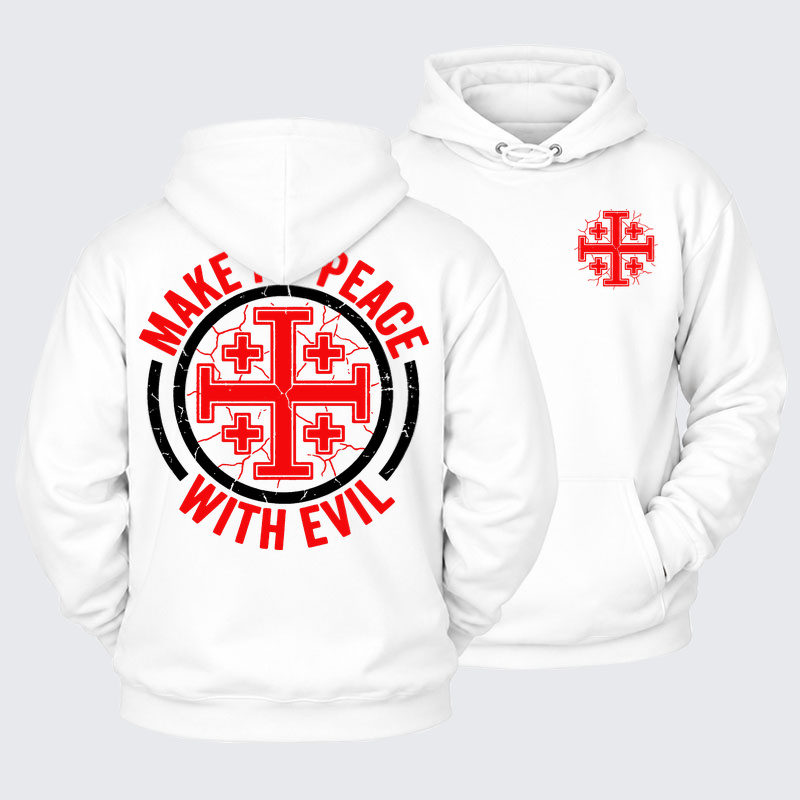 Plush Fleece-Lined Hoodie - Make No Peace with Evil Knight Templar Jerusalem Cross - White (front and back)