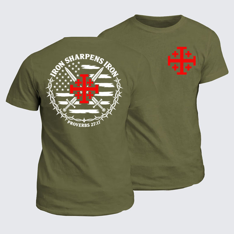 Classic Cotton Tee - Iron Sharpens Iron – Jerusalem Cross & American Flag - Army Green (front and back)