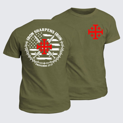 Classic Cotton Tee - Iron Sharpens Iron – Jerusalem Cross & American Flag - Army Green (front and back)