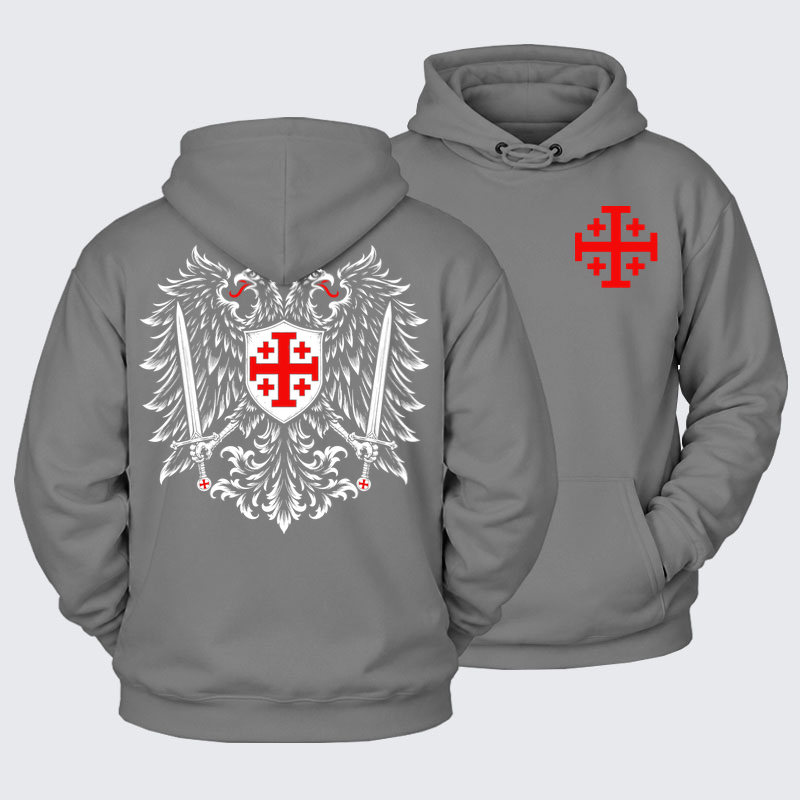 Plush Fleece-Lined Hoodie - Jerusalem Cross – Christian Double-Headed Eagle Warrior - Ash Gray (front and back)