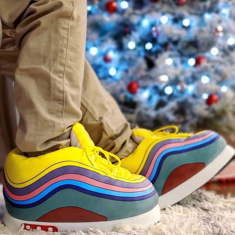 Plush sneaker slippers angled view