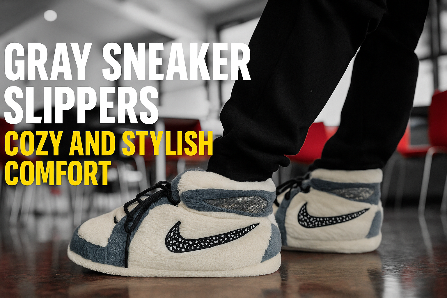 Gray sneaker-style slippers with soft fleece lining, combining cozy indoor comfort with trendy sneaker design for stylish winter wear.