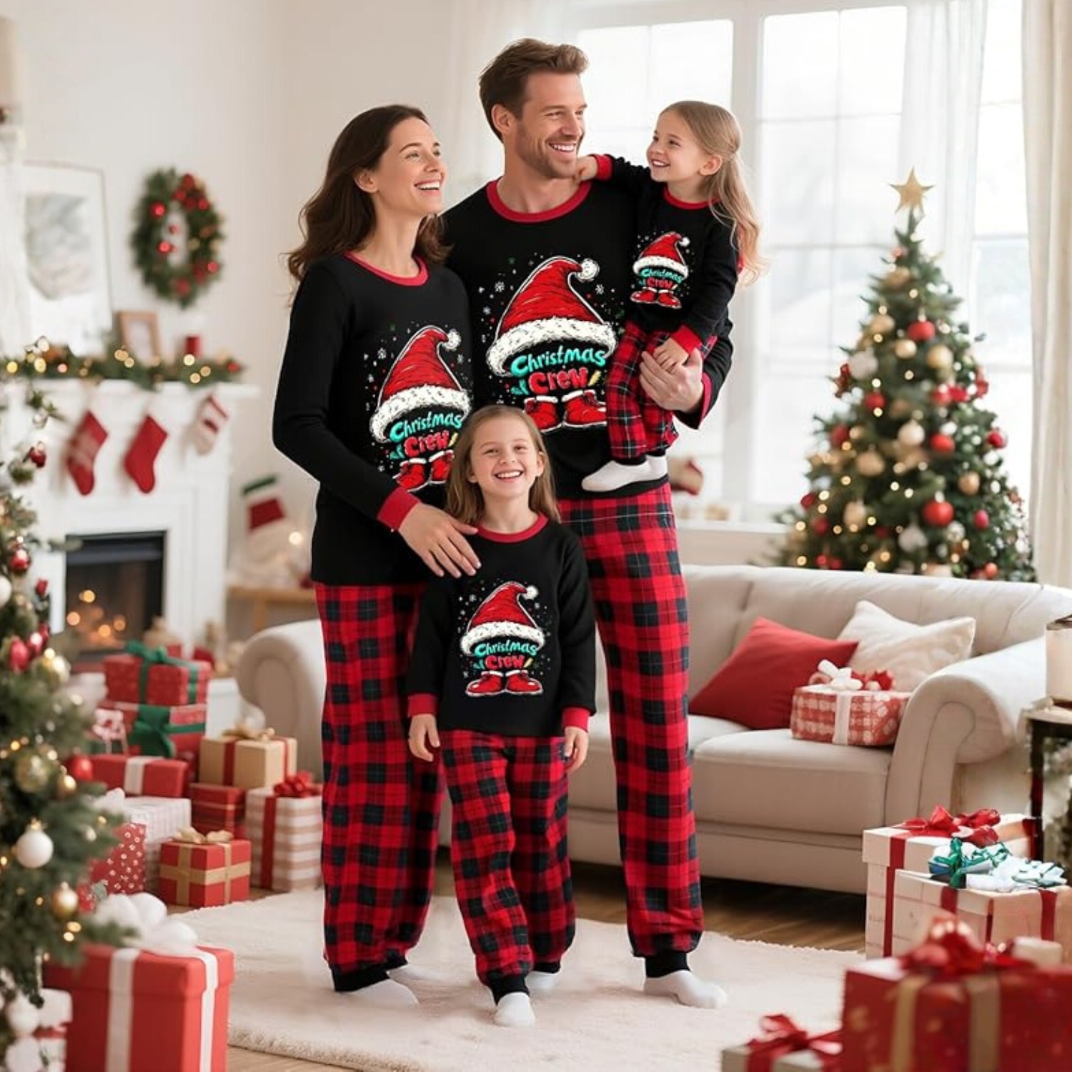 Christmas Hat And Crew Printed Family Matching Pajama Set