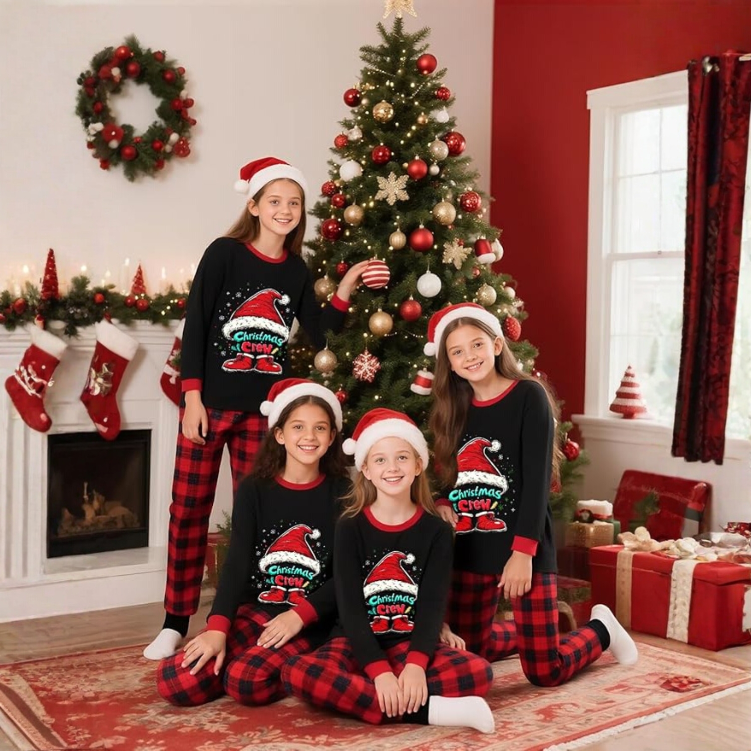Christmas Hat And Crew Printed Family Matching Pajama Set