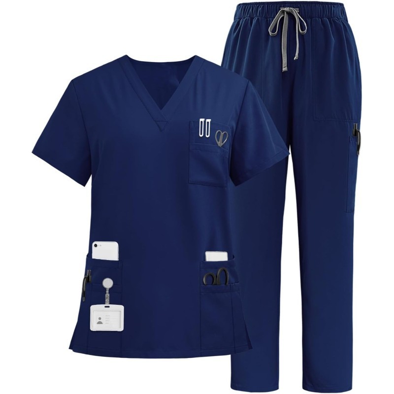  Multiple Pockets Top and Drawstring Scrub Pant Set