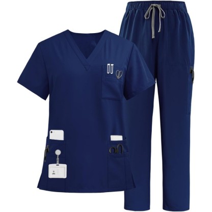  Multiple Pockets Top and Drawstring Scrub Pant Set
