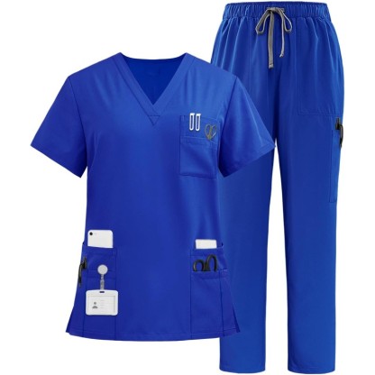 Multiple Pockets Top and Drawstring Scrub Pant Set