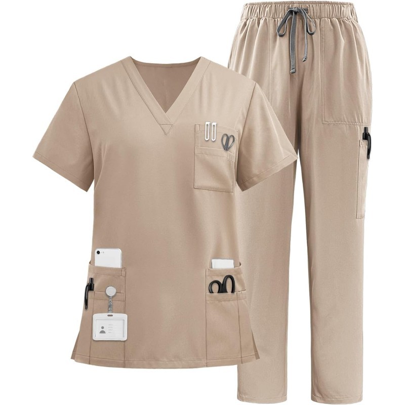  Multiple Pockets Top and Drawstring Scrub Pant Set