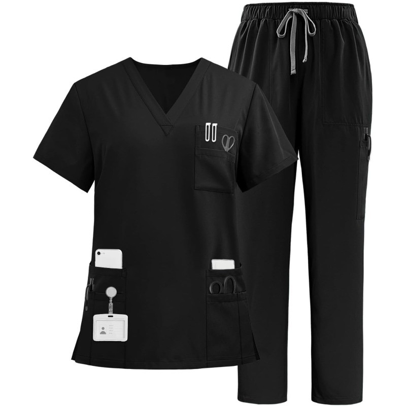  Multiple Pockets Top and Drawstring Scrub Pant Set