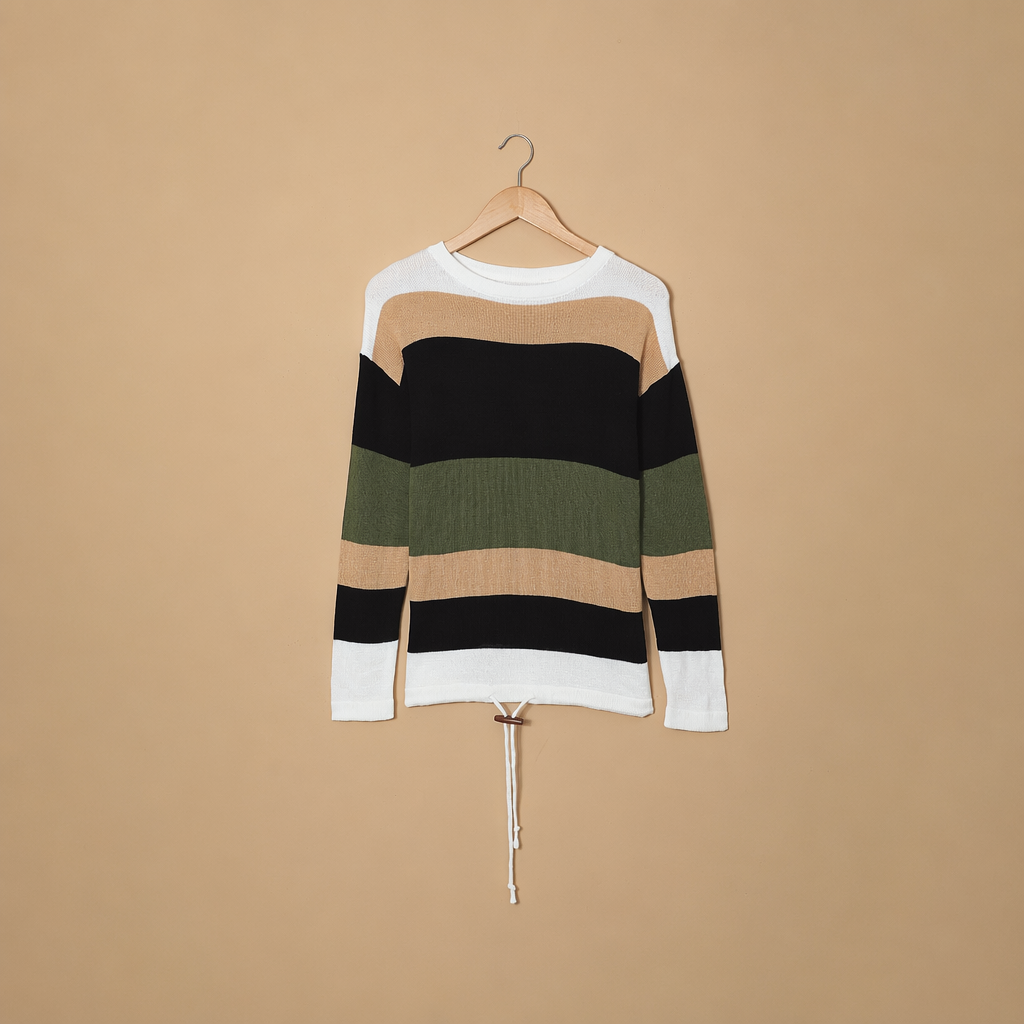 Striped Winter Fashion Outfits Sweaters With Drawstring For Women