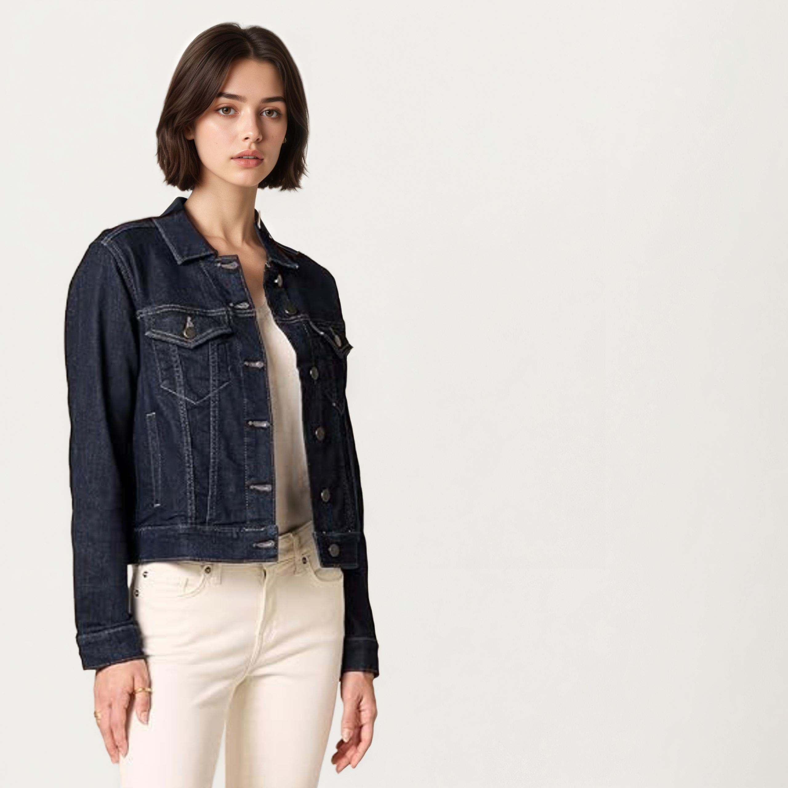 Women Classic Front Button with Pockets Denim Jacket