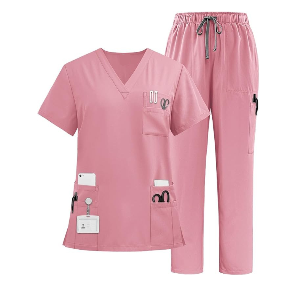  Multiple Pockets Top and Drawstring Scrub Pant Set