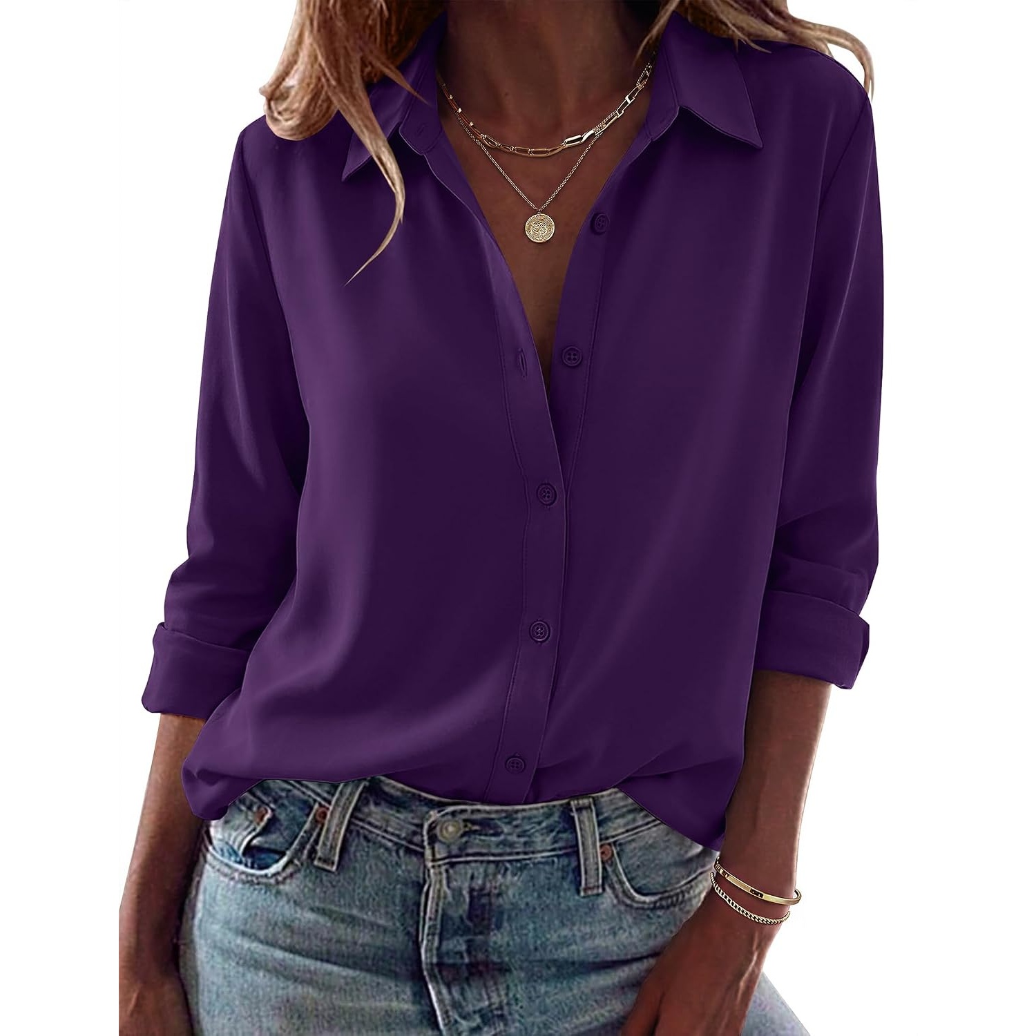 Casual Long Sleeve Button Down Blouse For Women