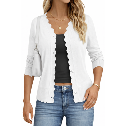 Lightweight Button Down Knit Cardigan With Scallop Trim
