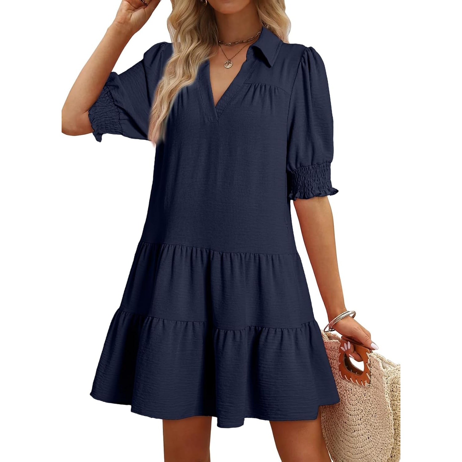 Casual Pleated Summer Lapel Collared Mid Sleeved Dress