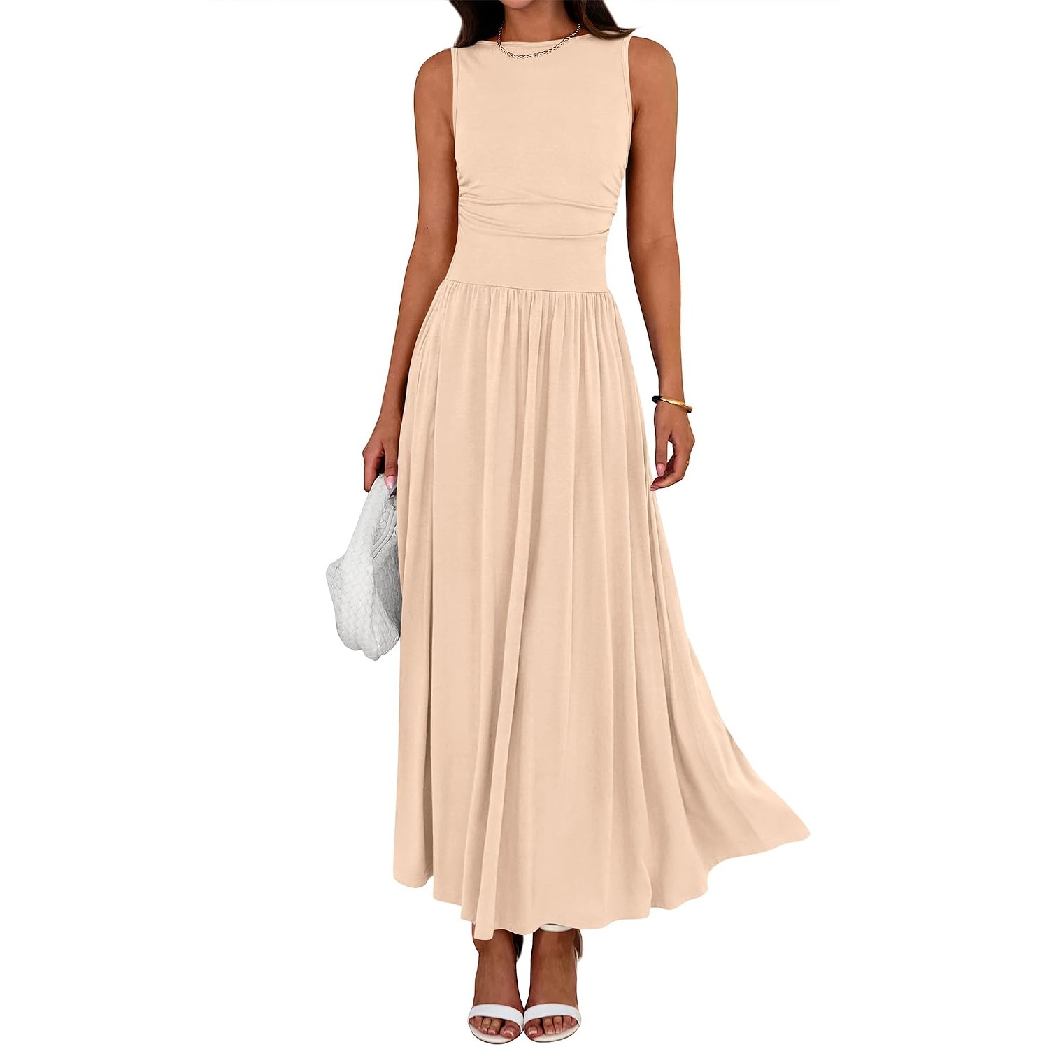 Casual Sleeveless Ruched High Rise Long Dress For Women
