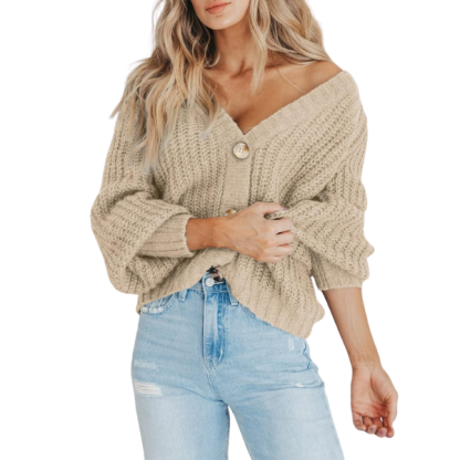 Women's Chunky Knit Open Front Sweater Long Sleeve Button Loose Short Cardigan Outerwear Coats