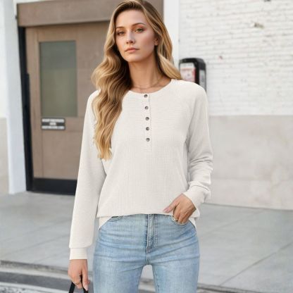 Women's Long Sleeve Waffle Knit Shirts Dressy Casual Loose Button Up V Neck