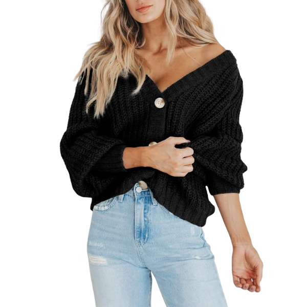 Women's Chunky Knit Open Front Sweater Long Sleeve Button Loose Short Cardigan Outerwear Coats