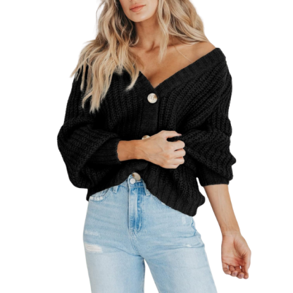Women's Chunky Knit Open Front Sweater Long Sleeve Button Loose Short Cardigan Outerwear Coats