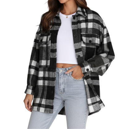 Women’s Plaid Flannel Shacket – Cozy Long Sleeve Button Down Shirt Jacket with Pockets for Fall