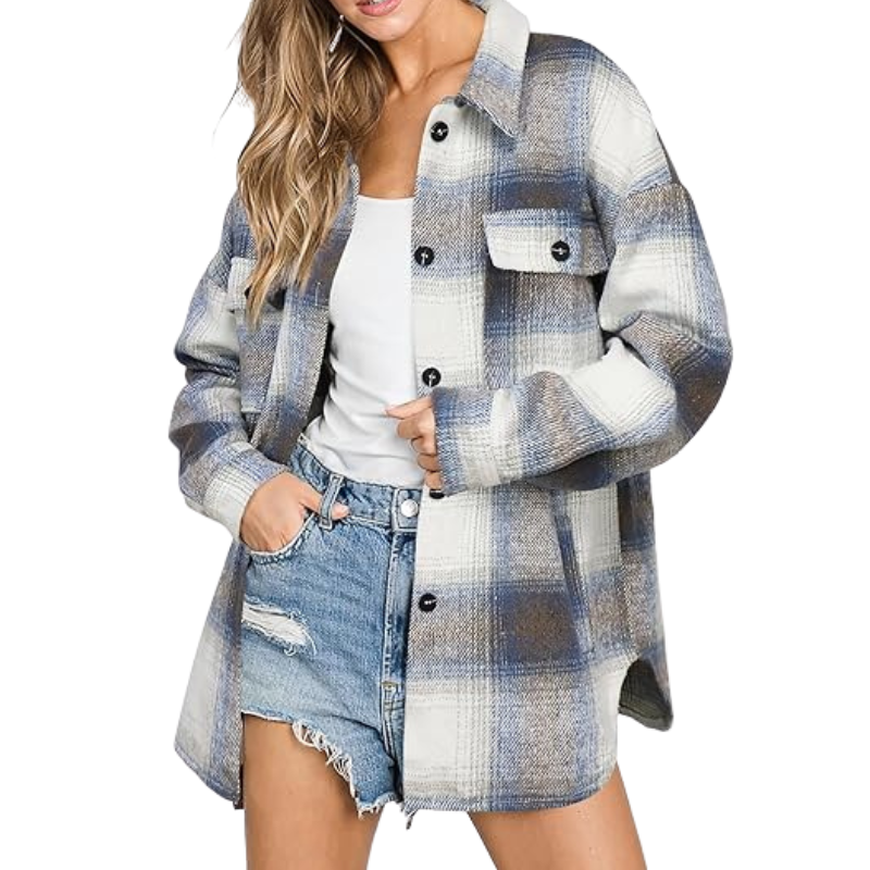 Women’s Plaid Flannel Shacket – Cozy Long Sleeve Button Down Shirt Jacket with Pockets for Fall