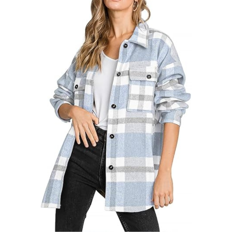 Women’s Plaid Flannel Shacket – Cozy Long Sleeve Button Down Shirt Jacket with Pockets for Fall