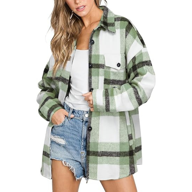 Women’s Plaid Flannel Shacket – Cozy Long Sleeve Button Down Shirt Jacket with Pockets for Fall