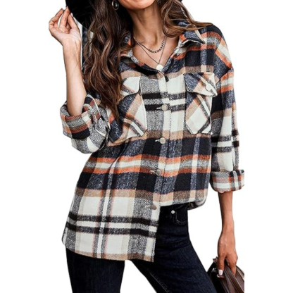 Women’s Plaid Flannel Shacket – Cozy Long Sleeve Button Down Shirt Jacket with Pockets for Fall