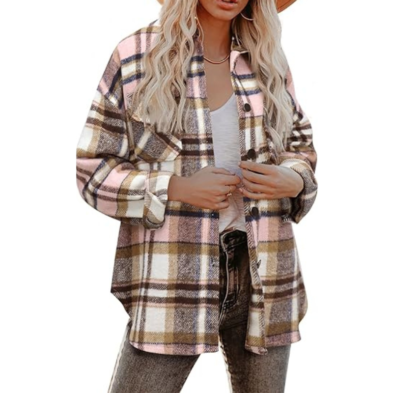 Women’s Plaid Flannel Shacket – Cozy Long Sleeve Button Down Shirt Jacket with Pockets for Fall
