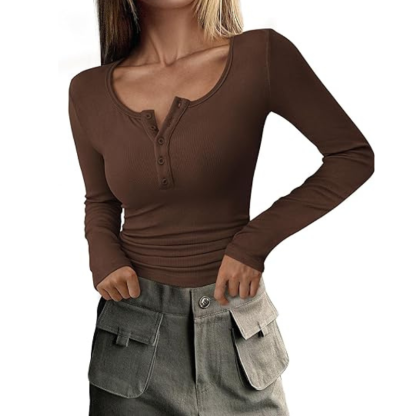 Women’s Long Sleeve Button Ribbed Knit Top | Slim Fit Basic Casual Blouse.