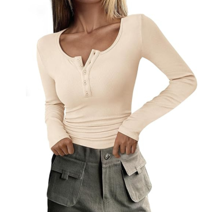 Women’s Long Sleeve Button Ribbed Knit Top | Slim Fit Basic Casual Blouse.