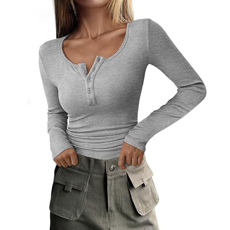 Women’s Long Sleeve Button Ribbed Knit Top | Slim Fit Basic Casual Blouse.